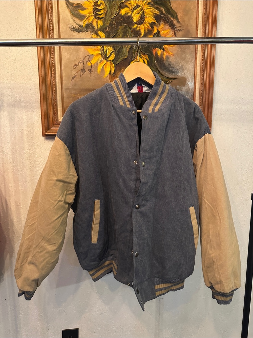 Men's Two-Tone Blue and Tan Varsity Jacket - Classic